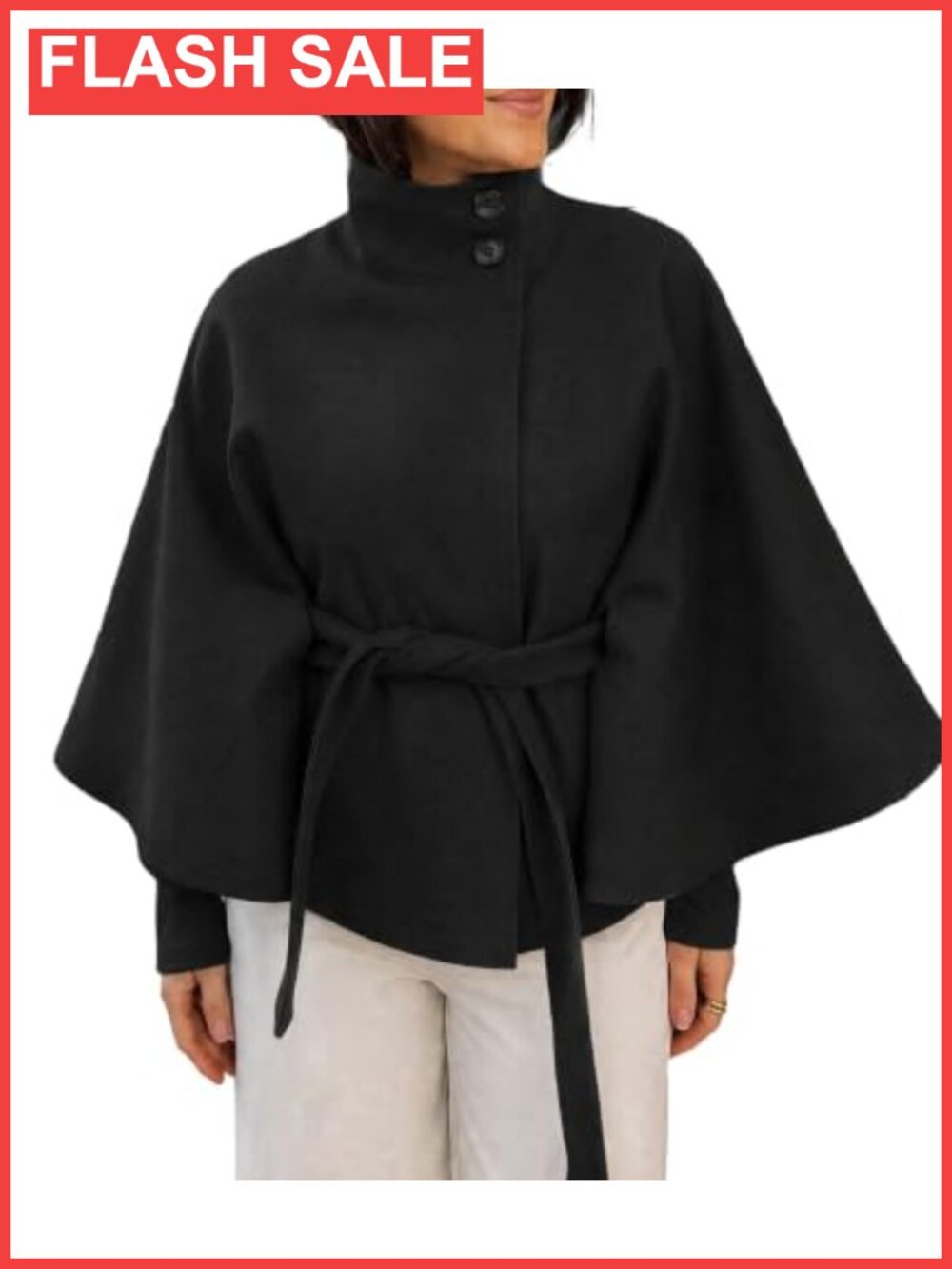 Womens Wool Blend Poncho Pea Coat Belted Batwing Sleeve Cape Button